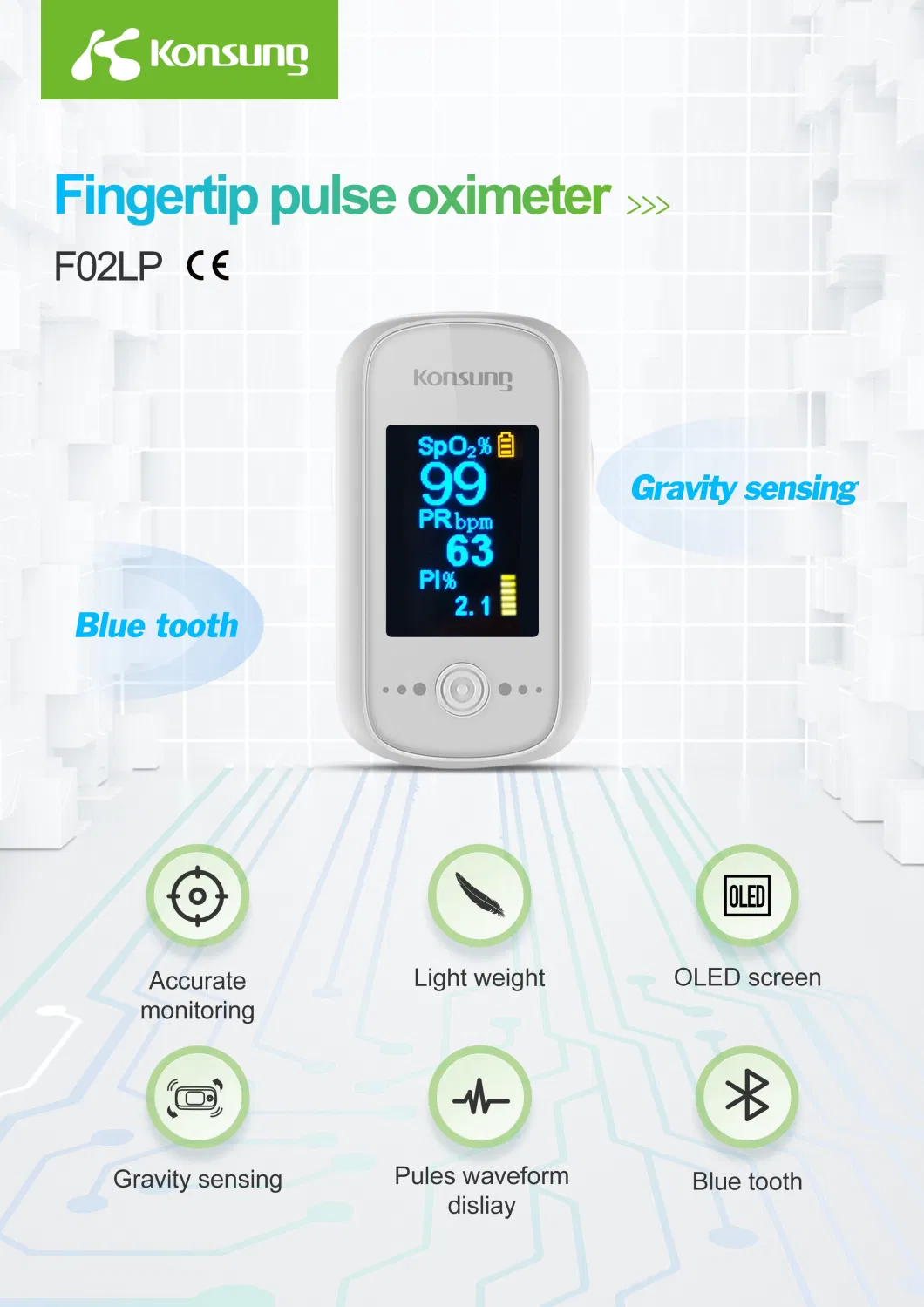 F02lp Compact Design Fingertip Pulse Oximeter with Bluetooth Function